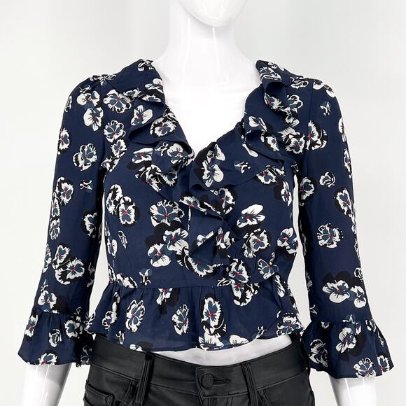 Réalisation Par Cher Pansy Wrap Top Women’s XS Navy Floral Silk Ruffle - Picture 1 of 5
